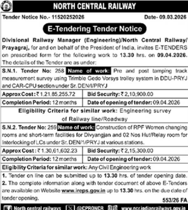 E-Tender Notice -  North Central Railway